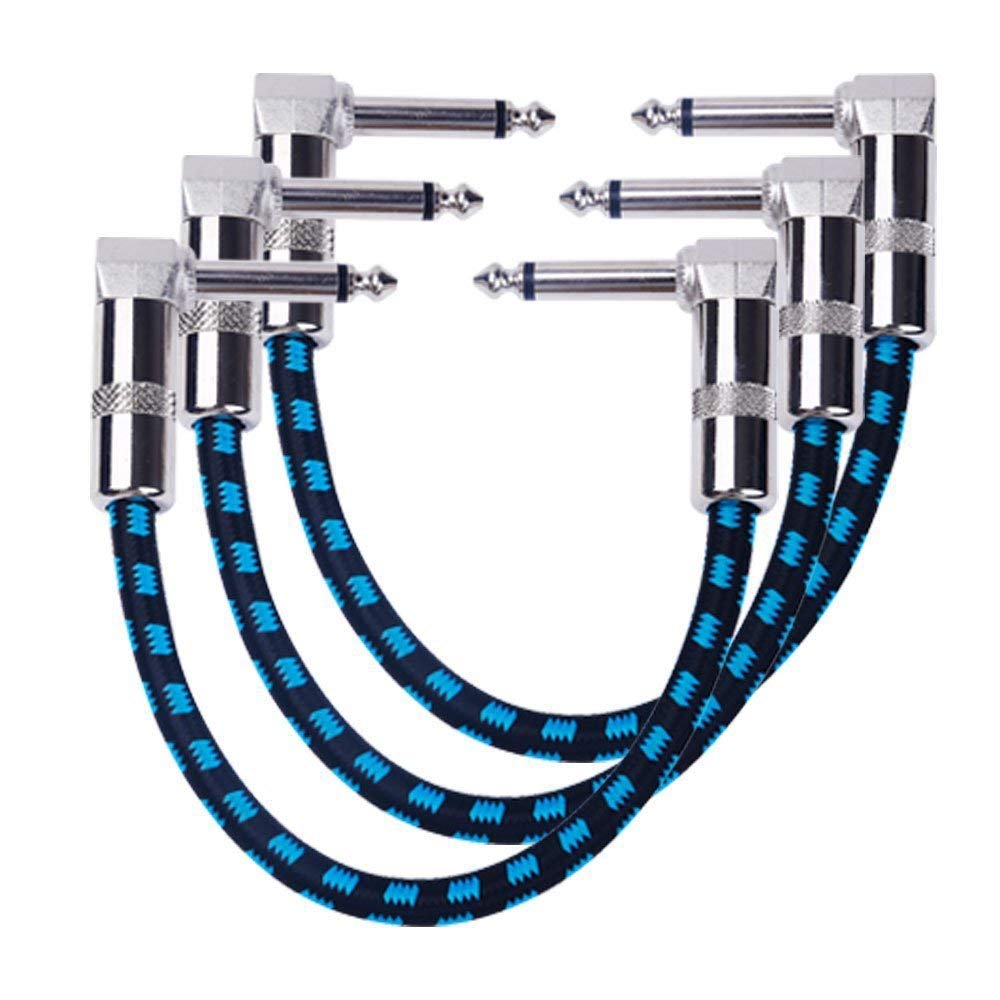 3-Pack 6 Inch Guitar Patch Cable with 1/4" Right Angle Plugs, Black and Blue Tweed Woven Jacket for Guitar Players on St