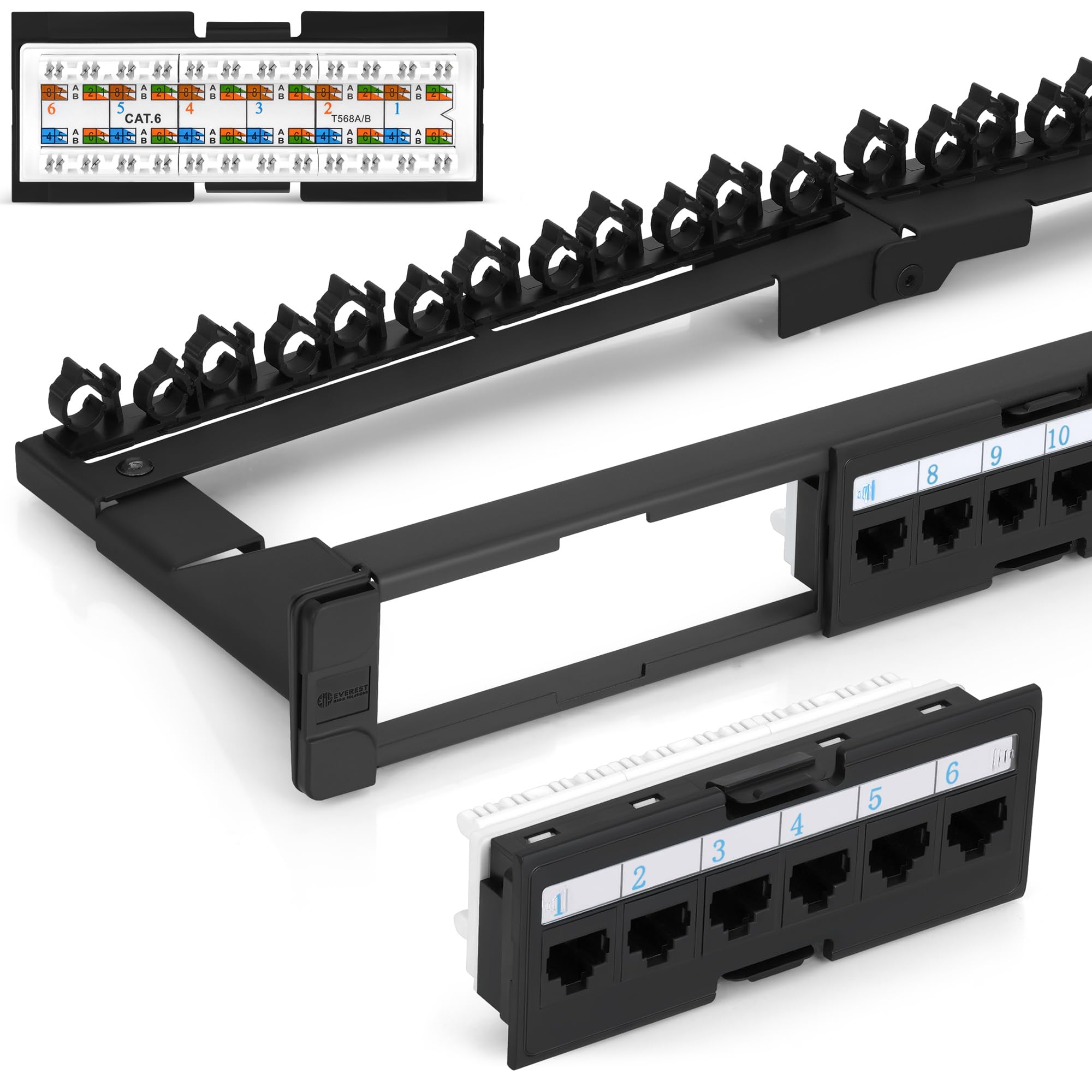 Everest RJ45 24 Port Cat6 / 6A Patch Panel - 10Gb Connection Panel - 1U Rack Mountable Network Panel  
Everest RJ45 24 P