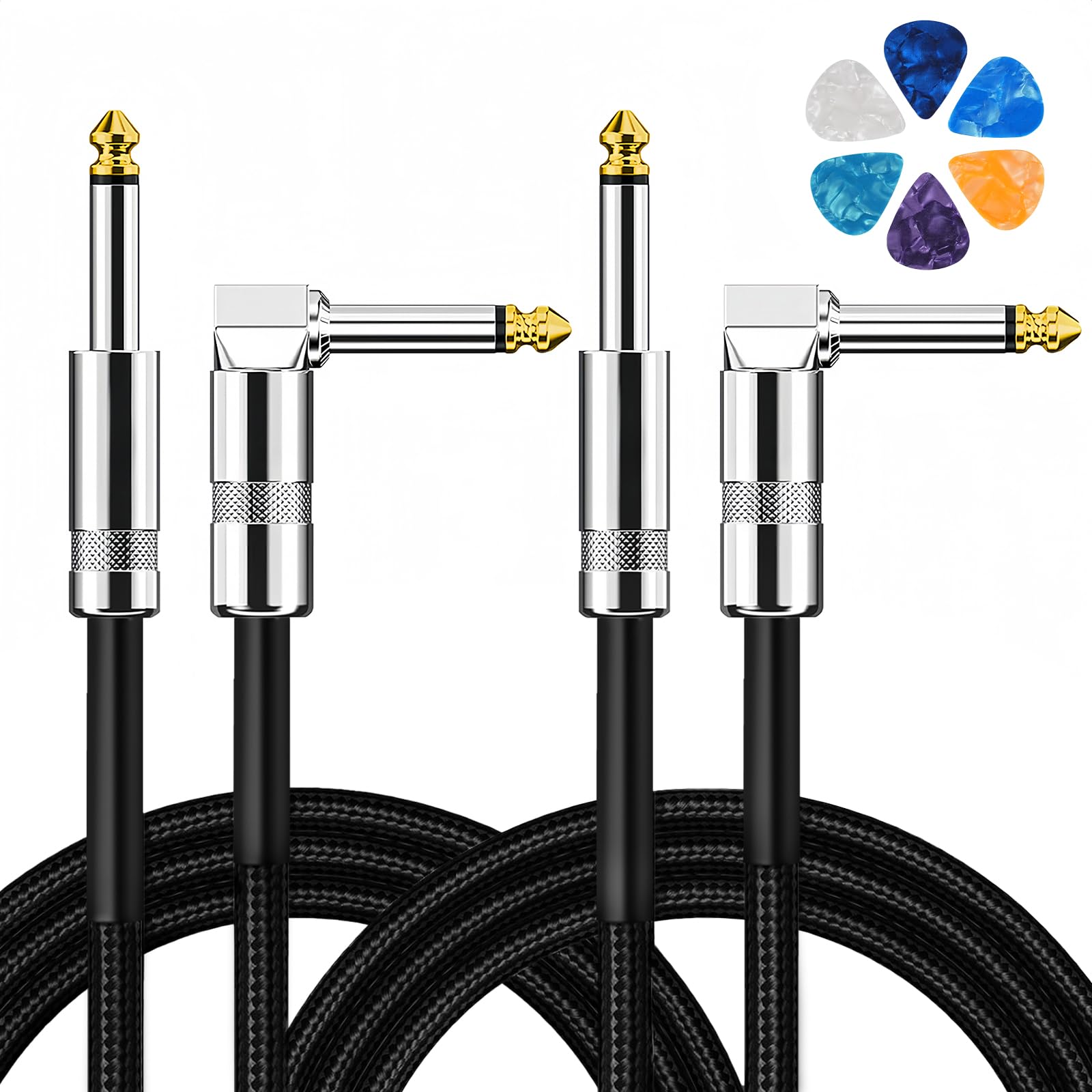 2-Pack Right Angle to Straight 10ft Black Guitar Cable for Bass, Electric Guitars, Keyboard & Mandolin - Pro Audio AMP C