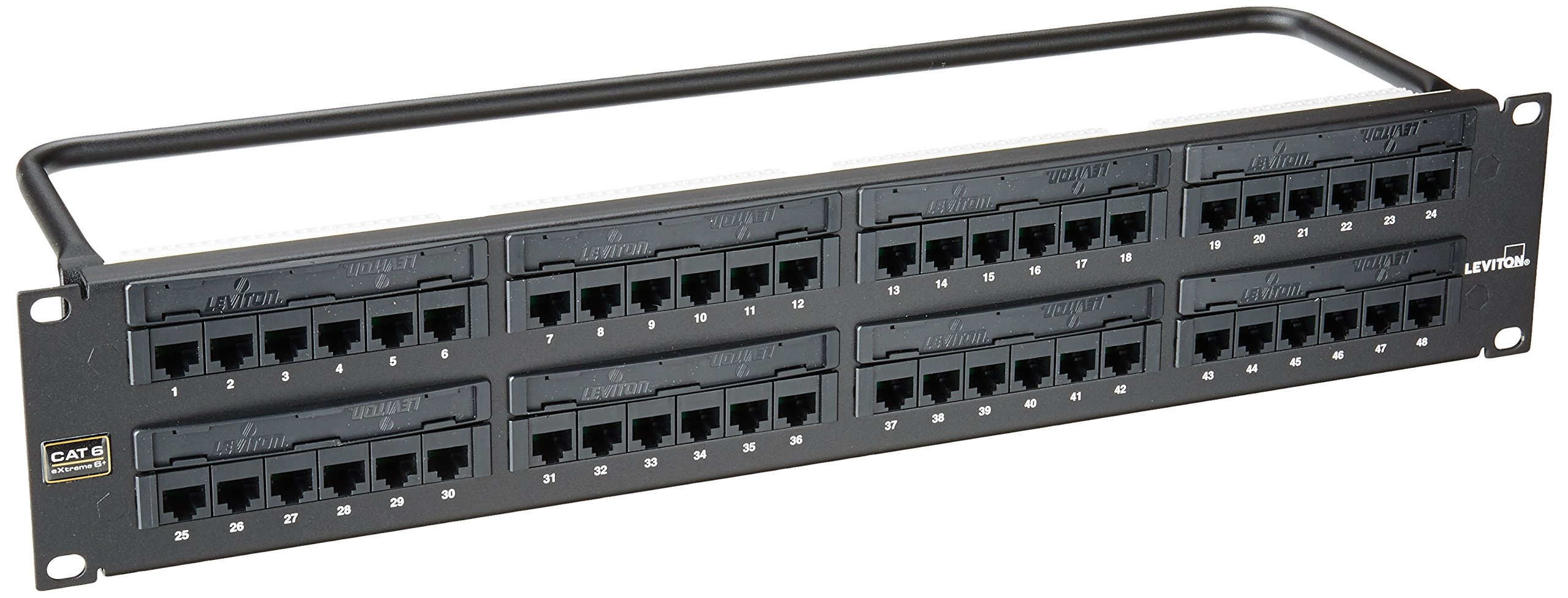 Leviton 69586-U48 eXtreme 6+ Universal Patch Panel, 48-Port, 2RU, CAT 6, Cable Management Bar Included - Best for Data C