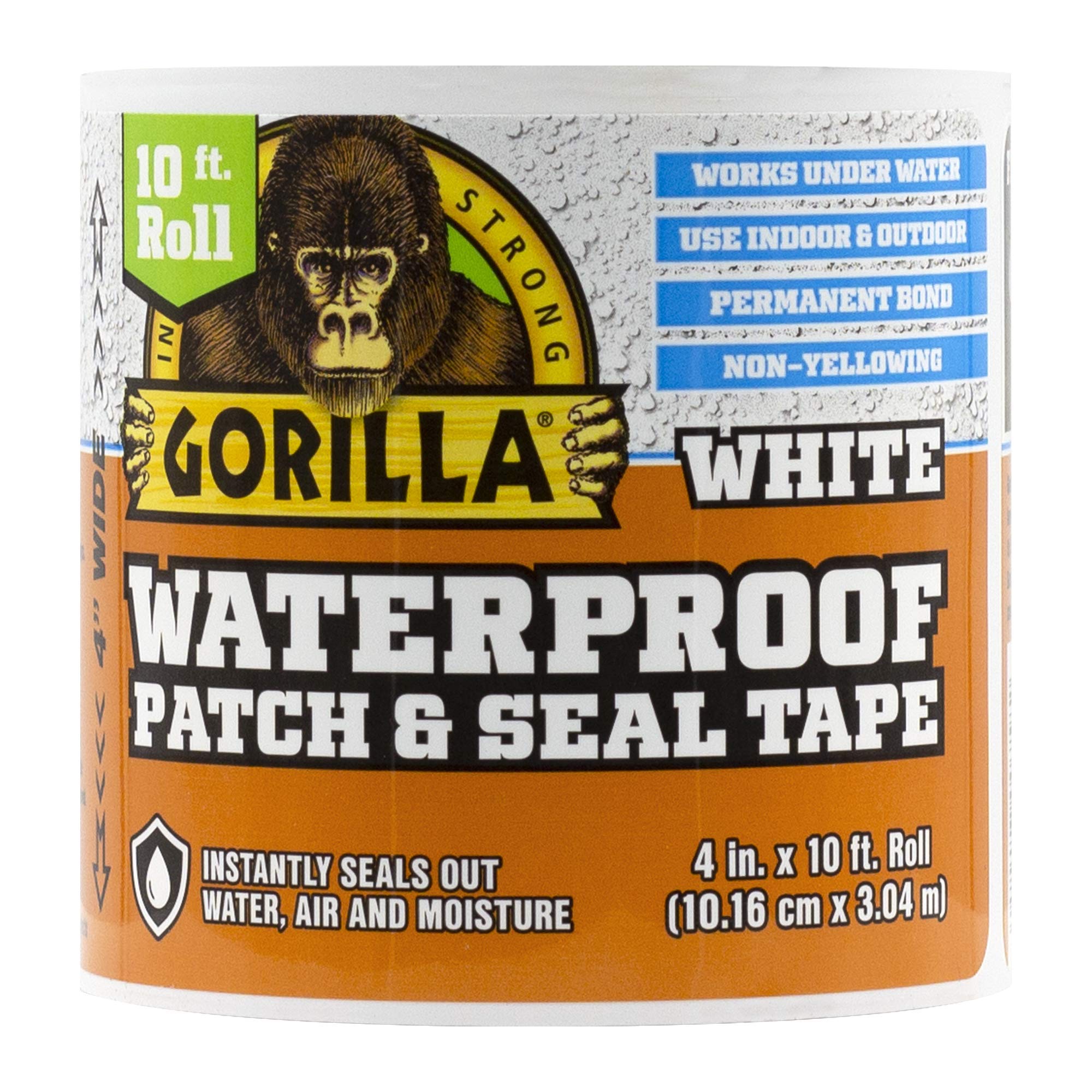 Gorilla Waterproof Patch & Seal Tape, White 4" x 10' - Instant Weatherproof Repair Solution for Outdoor Gear and Vehicl
